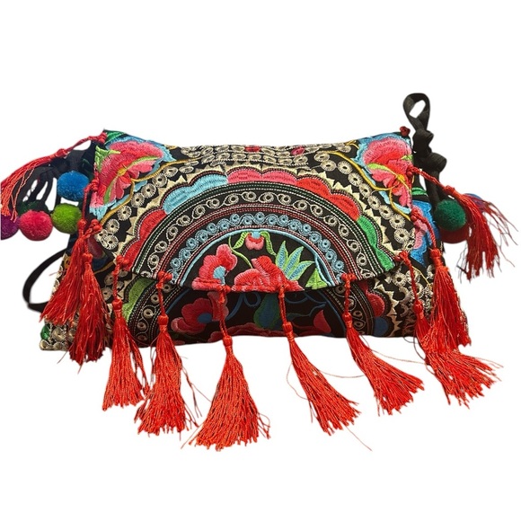 Handbags - Multicolored Boho Embroidery with Pompoms & Tassels Crossbody